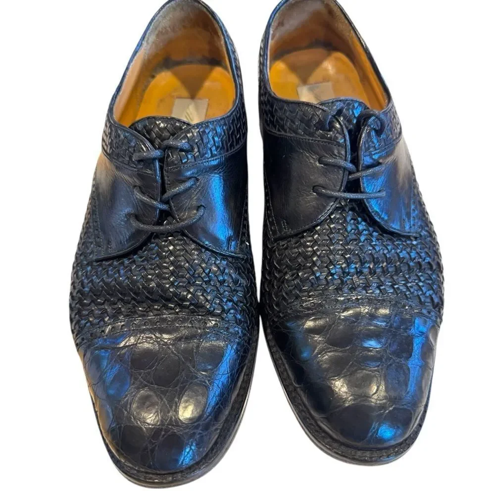 Mezlan Salinas Black Woven Leather Genuine Crocodile Cap Toe Derby Shoes Sz 9
